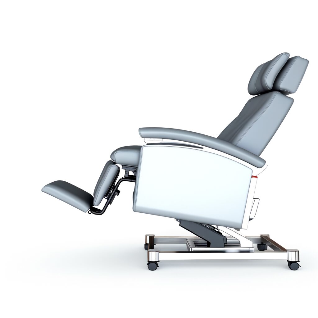 Professional product photography of a modern medical recliner chair, studio lighting, white background, 4k, commercial qualit