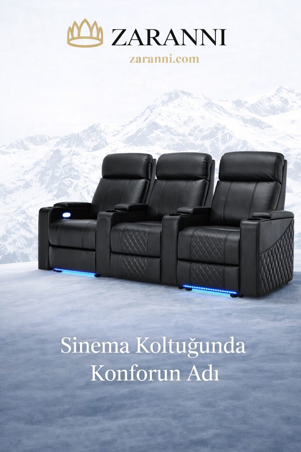 Bardaklıklı ve yatar mekanizmalı, siyah deri, konforlu ev sinema koltuğu.